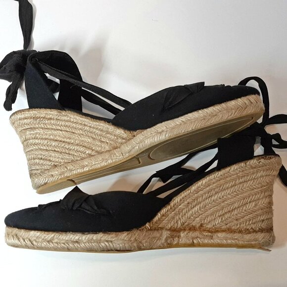 3/$20 Nordstrom BOS & CO Open Toe Wedge Tie Back Sandals Black Size 7 Heels - Picture 5 of 12